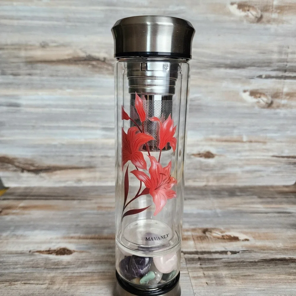 Mavanly Crystal Gem Infusion Bottle Double Glass Tea Tumbler Red Lily with Sleev